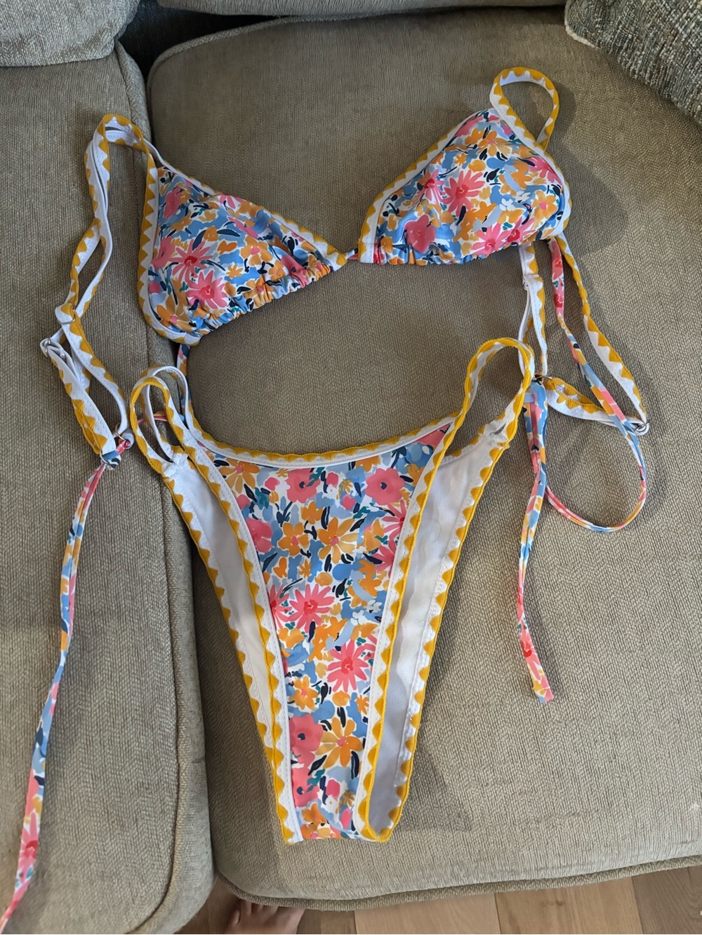 SHEIN Floral Tie-Side Bikini in Yellow, Pink and Blue